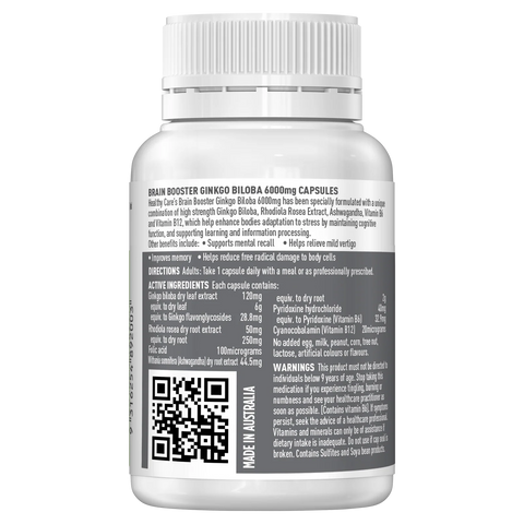 Healthy Care Brain Booster Ginkgo Biloba 6000mg 60 Capsules