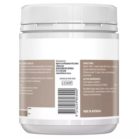 Healthy Care Vitamin D3 1000IU 500 Capsules
