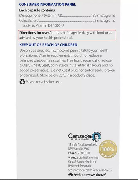 Carusos Vitamin K2 + D3 60 Capsules